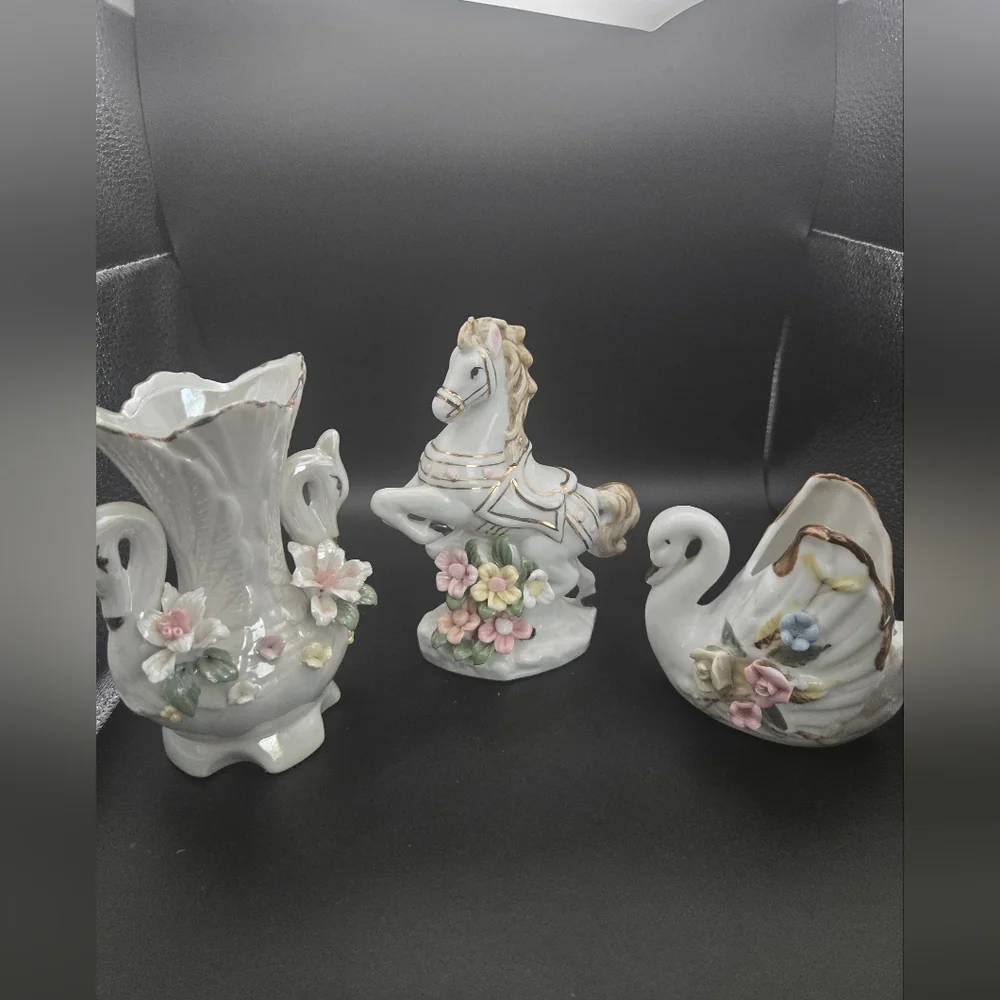 Porcelain Swan and Horse Figurines with Floral Accents Vintage